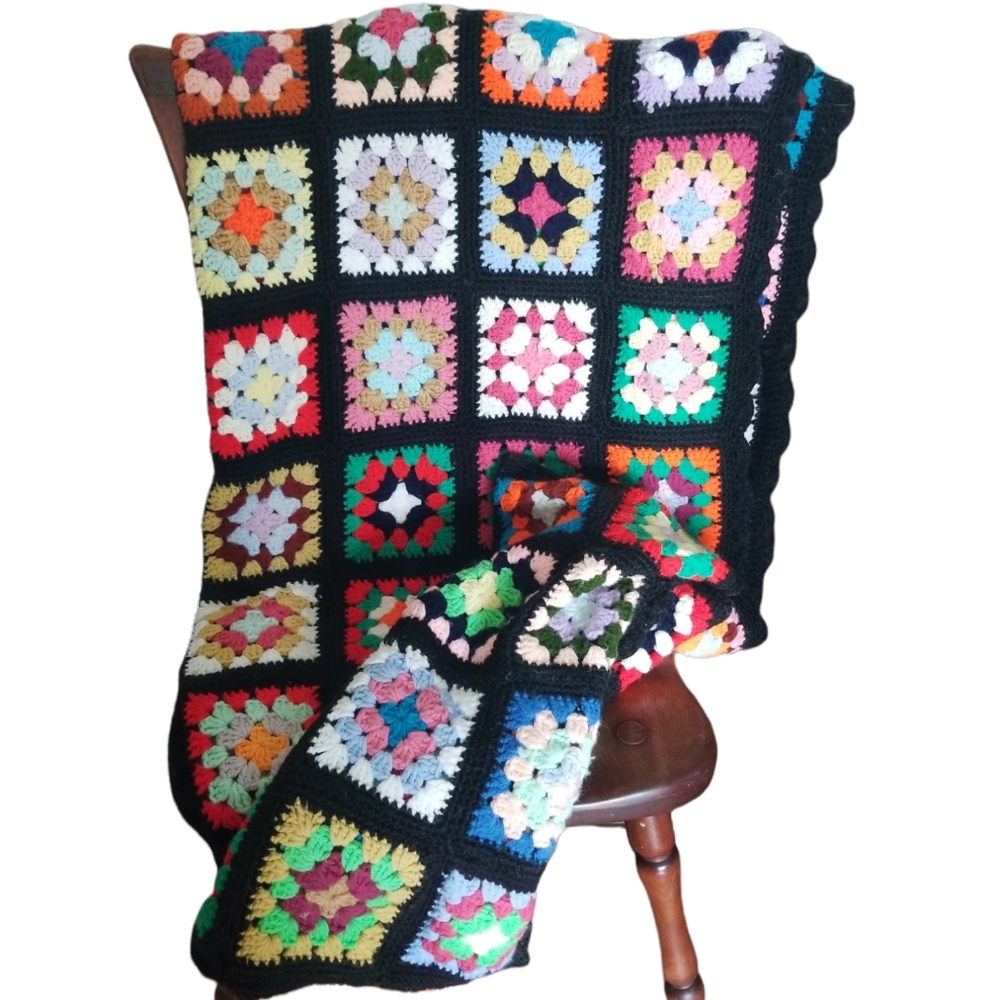 Vintage Handmade Granny Square Large Knit Afghan Blanket